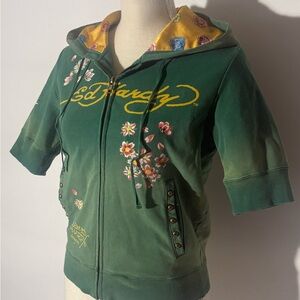 Women’s Ed Hardy Green Floral Skull Biker Full Zip Hoodie Sz M